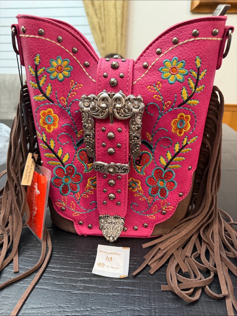 Montana West Pink Floral Embroidered Crossbody Bag with Brown Fringe - Picture 1 of 7